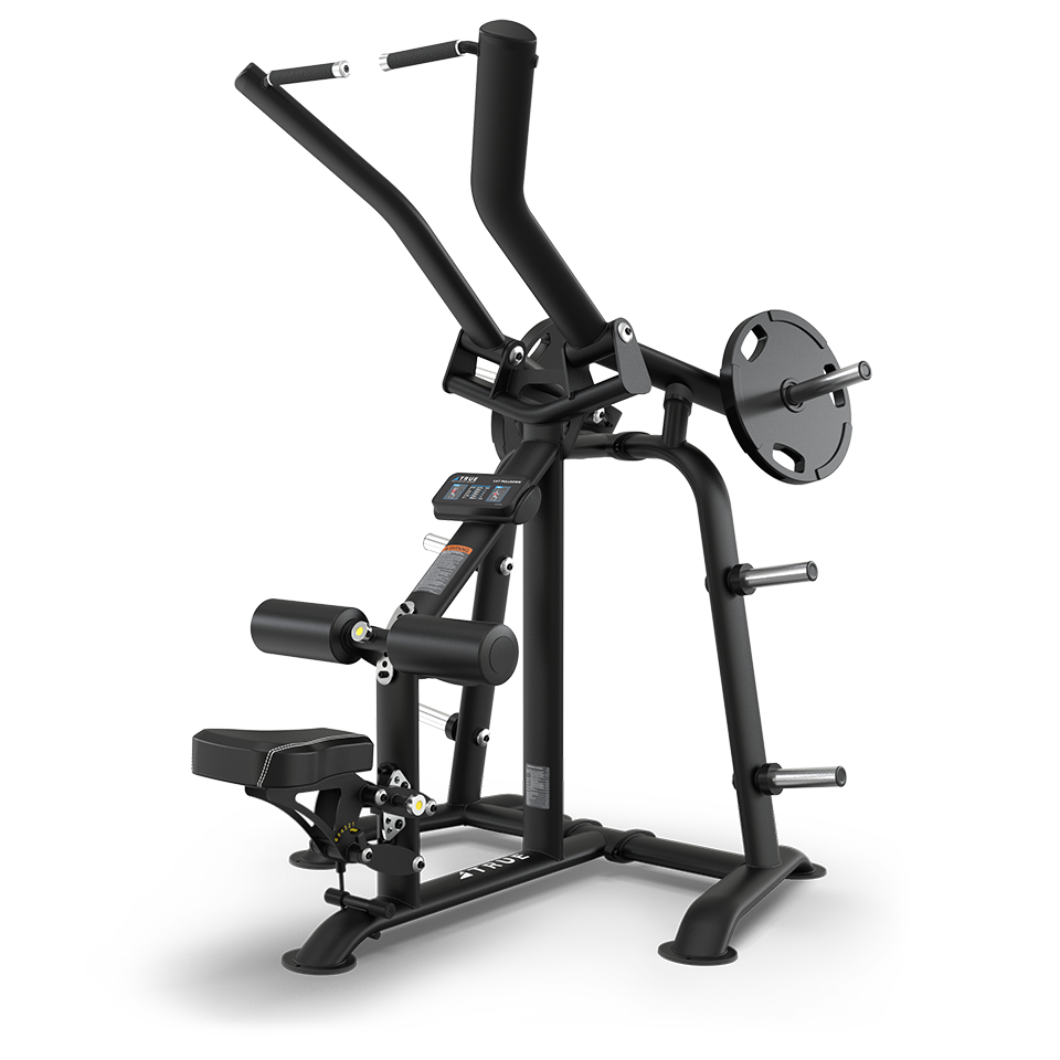 A black seated row machine with a padded seat, back support, footrests, handles, and weight plate holders, designed for strength training exercises.