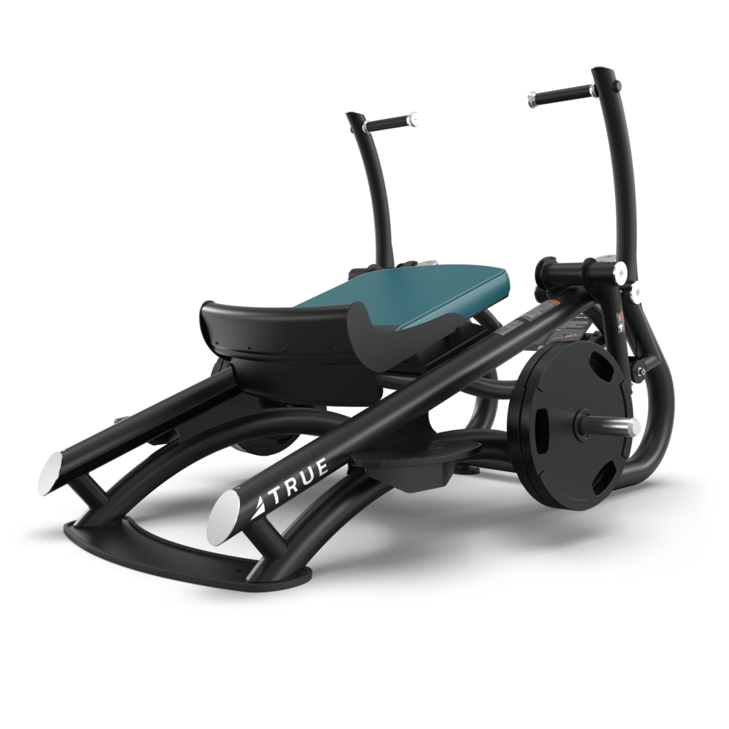 A black and teal fitness machine with a padded seat, curved frame, and weight plate holders, designed for seated leg press exercises. The brand name TRUE is visible on the side.