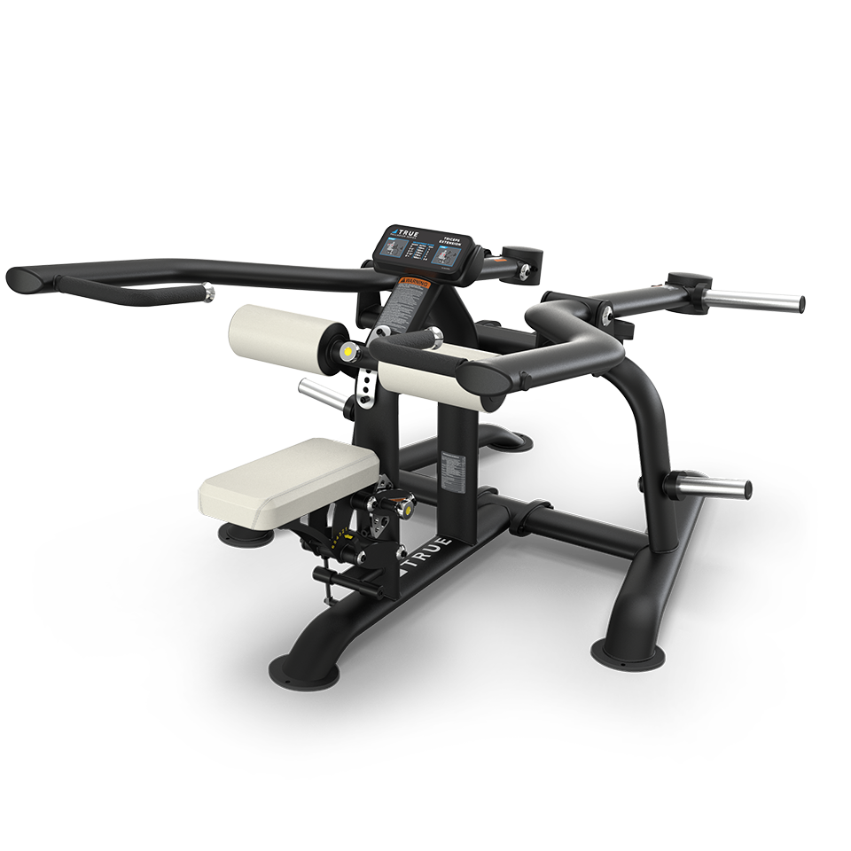 A black and white gym machine designed for seated abdominal and back exercises, featuring padded rollers, adjustable seat, digital display, and handles, with weight plate holders on both sides.