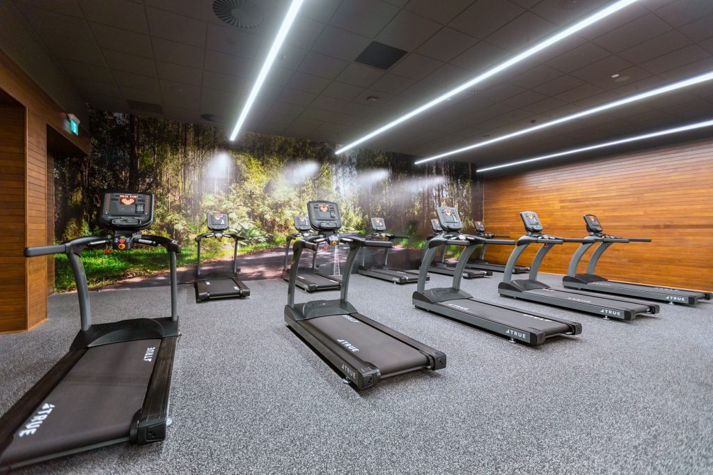 A modern gym with eight treadmills facing a wall mural of a forest path. The room has a gray carpet, wooden accent walls, and bright ceiling lights.
