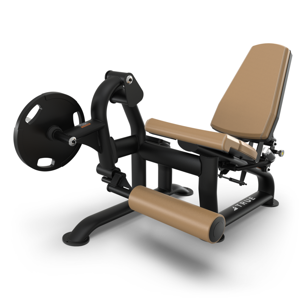 A leg extension machine with brown padded seat and leg supports, black metal frame, and a weight plate attached to the side, designed for strength training exercises.