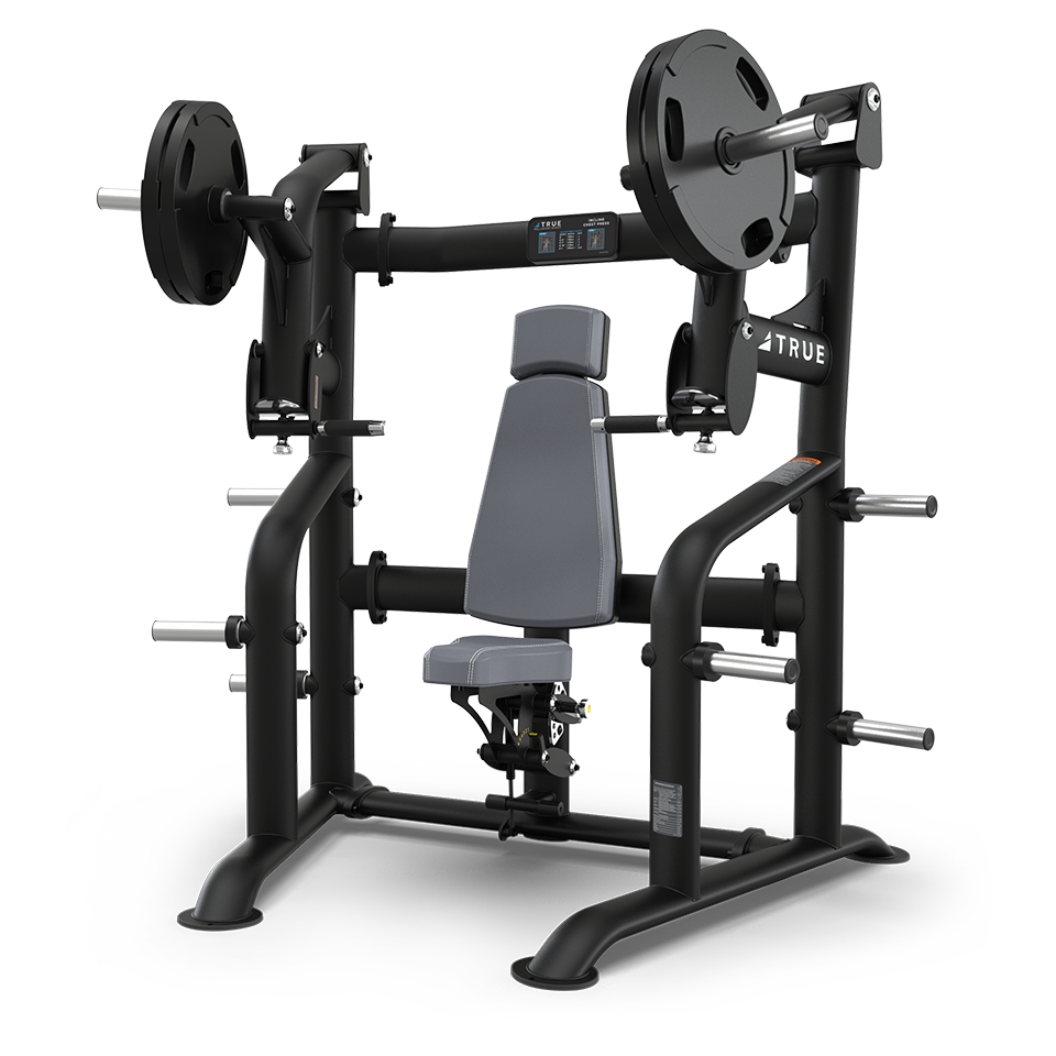A black and gray seated strength training machine with weight plates loaded on each side, designed for upper body exercises like the chest press, against a plain white background.