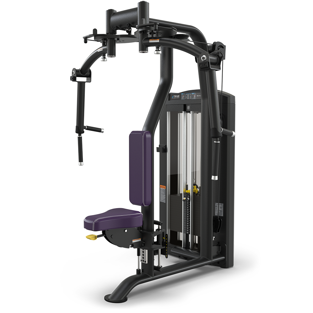 A black and purple chest fly and rear delt gym machine with adjustable seat, padded backrest, dual pulley arms, and a weight stack on the right side, set against a plain white background.