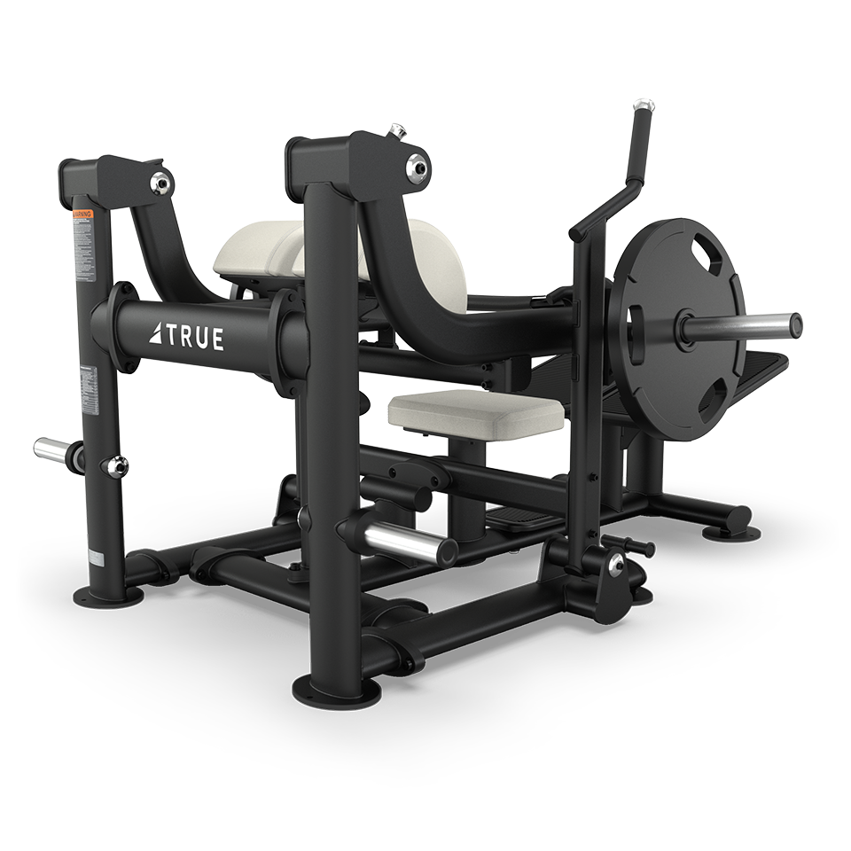 A black and silver seated gym machine with padded seat and backrest, labeled TRUE, designed for strength training, featuring weight plates, handles, and adjustable components on a white background.