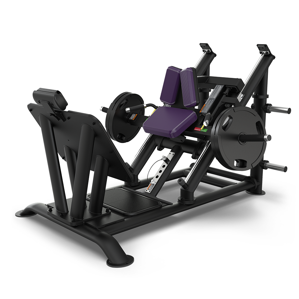 A black and purple leg press machine with weights loaded on both sides, angled footplate, padded seat, and sturdy frame designed for lower body workouts.