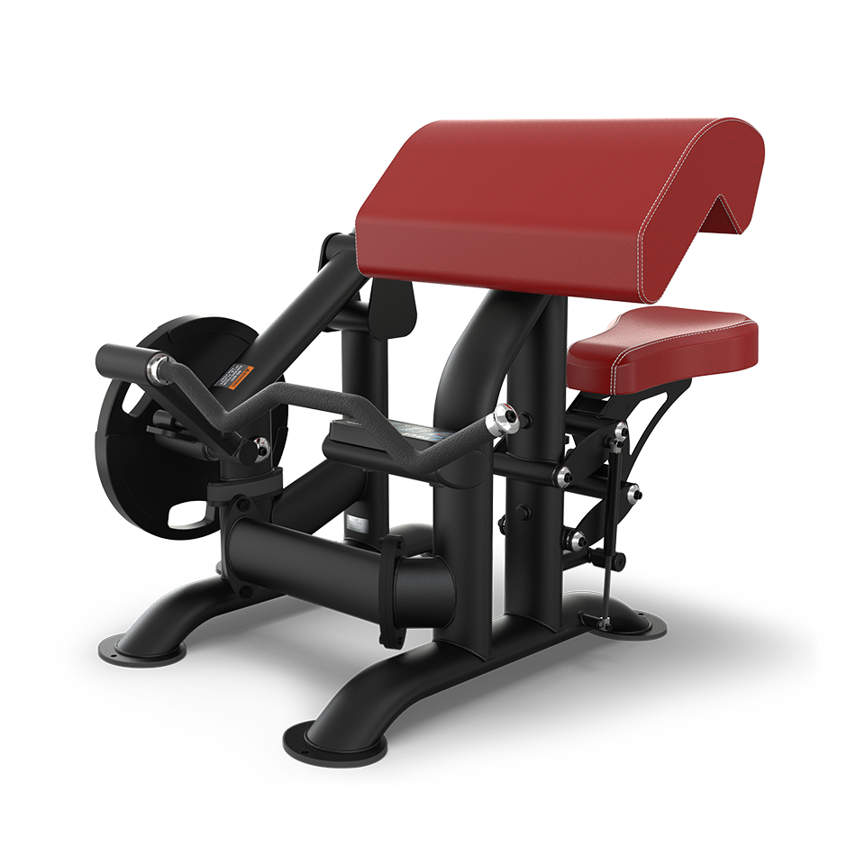 A black and red seated preacher curl machine with padded arm support, weight plate holders, and a lever for performing bicep curls. The machine is designed for strength training exercises.