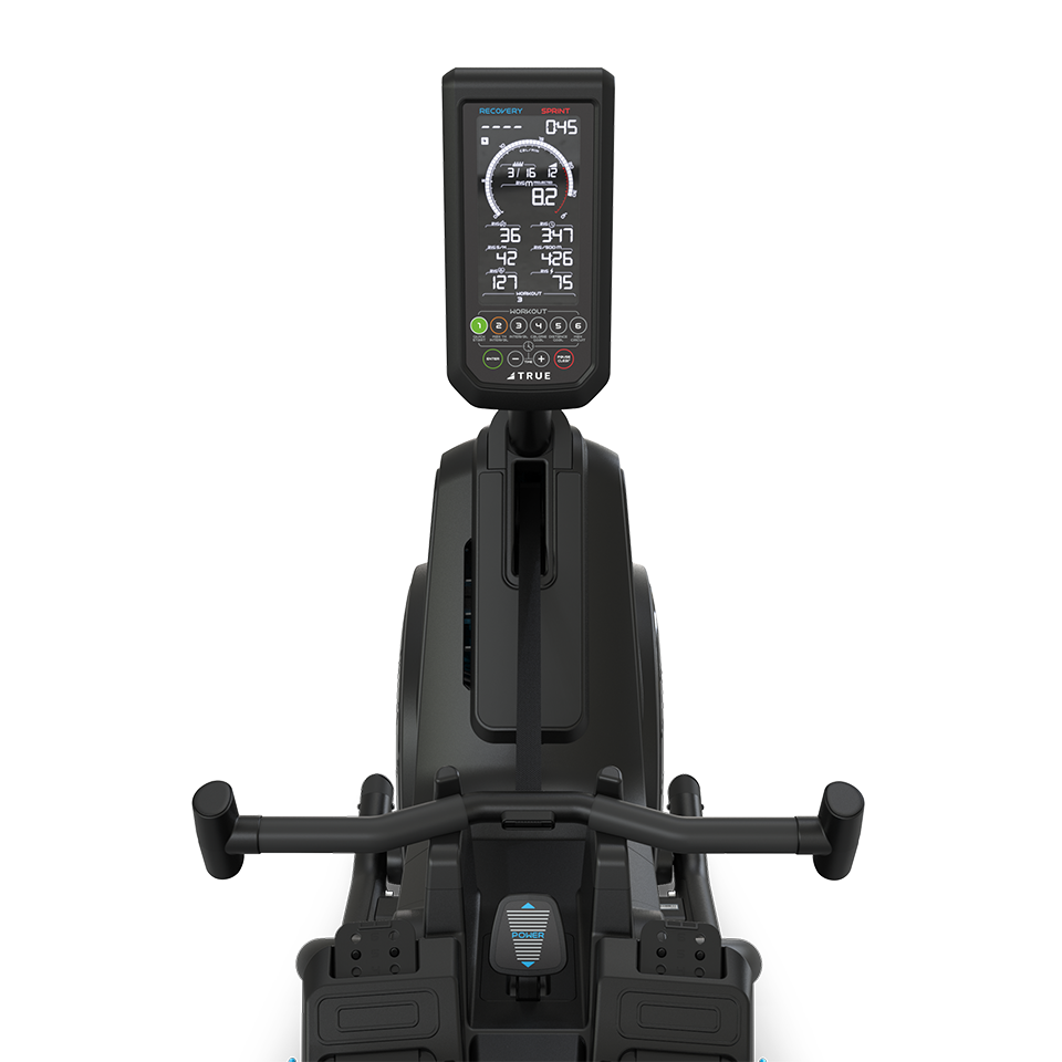 Front view of a black elliptical machine with handlebars and a digital display screen showing workout stats on a white background.