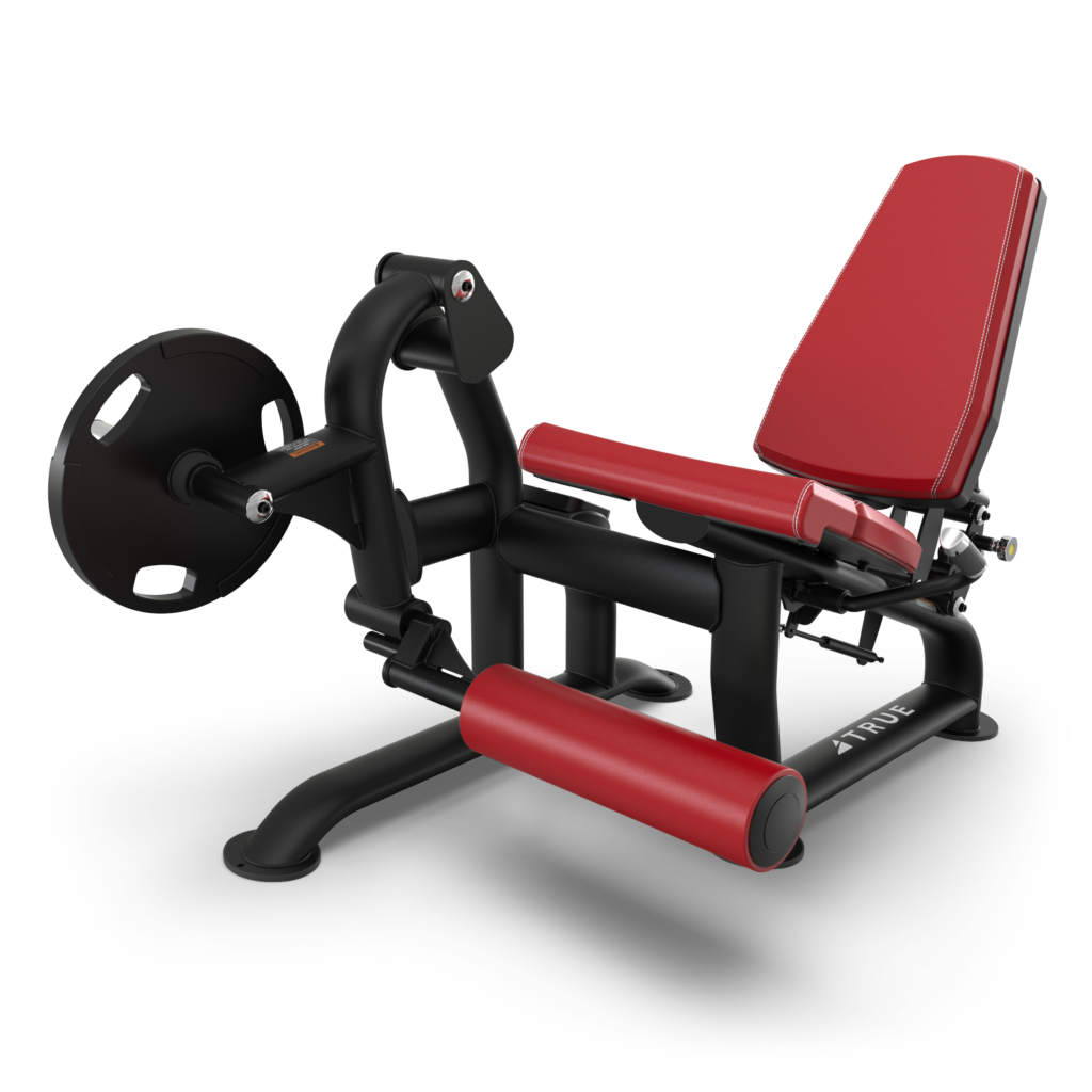 A leg extension machine with a black frame and red padded seat, backrest, and leg rollers. The machine includes a weight plate holder on one side and is designed for lower body strength training exercises.