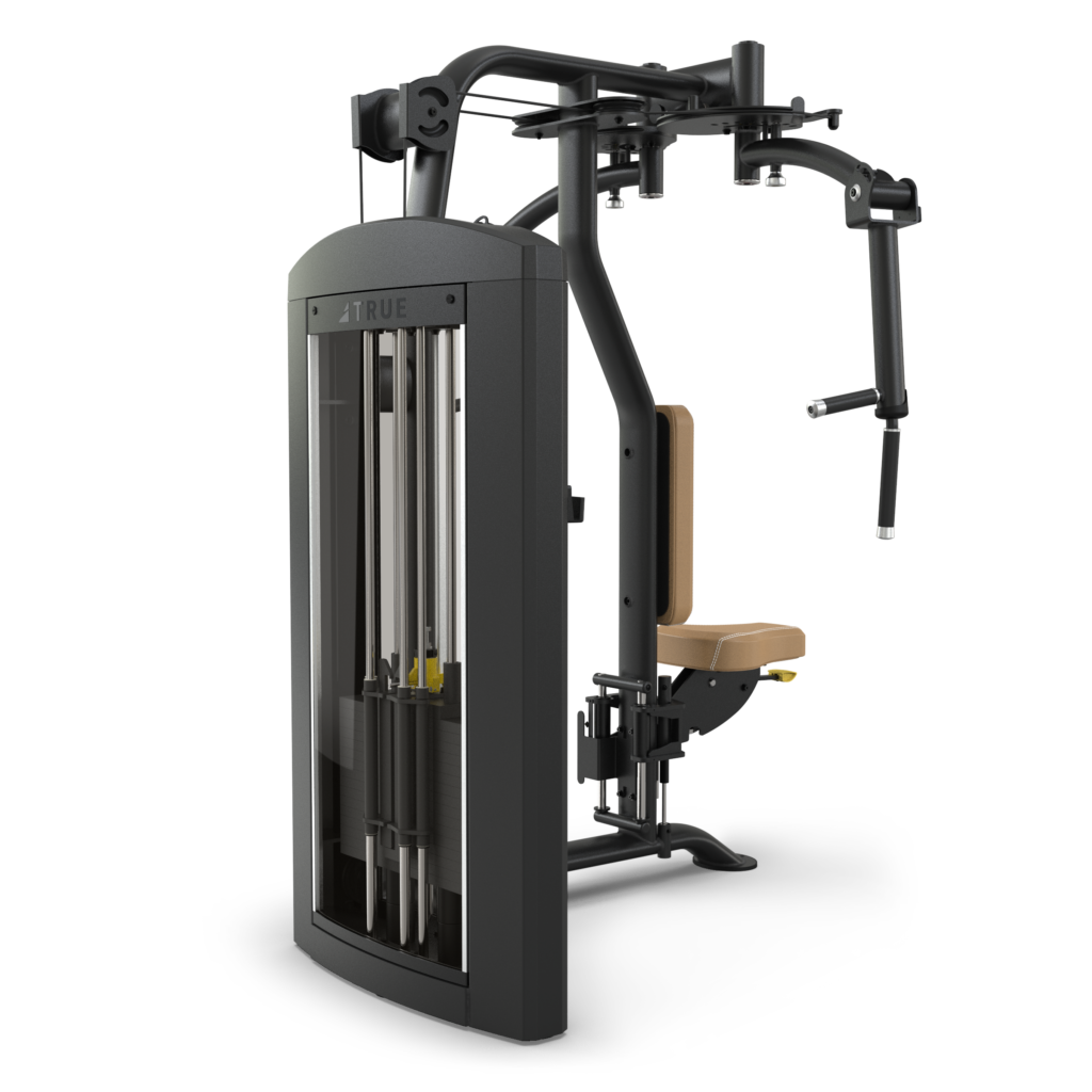 A black and tan gym machine with padded seat and backrest, weight stack, and adjustable arms designed for chest fly or rear delt exercises, set against a plain white background.