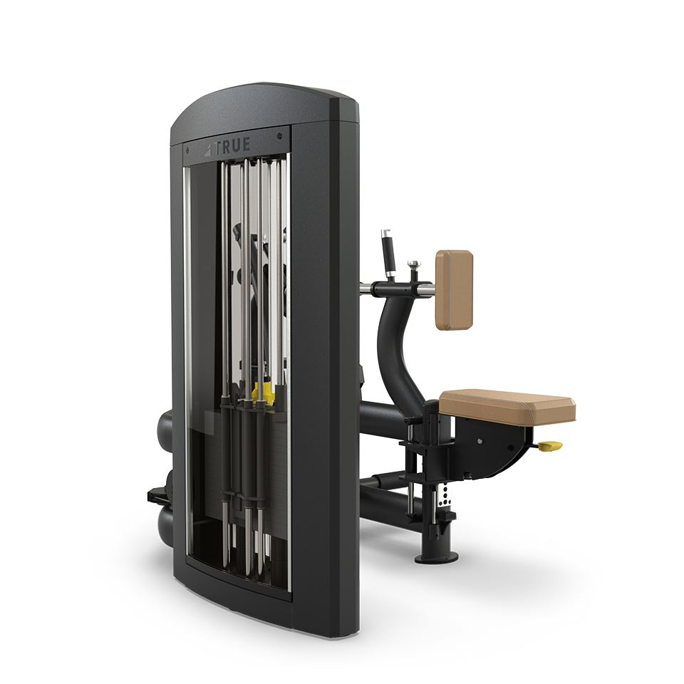 A seated gym machine with a black frame, padded tan seat, and backrest designed for strength training, featuring weight stacks, pulleys, and adjustment handles.