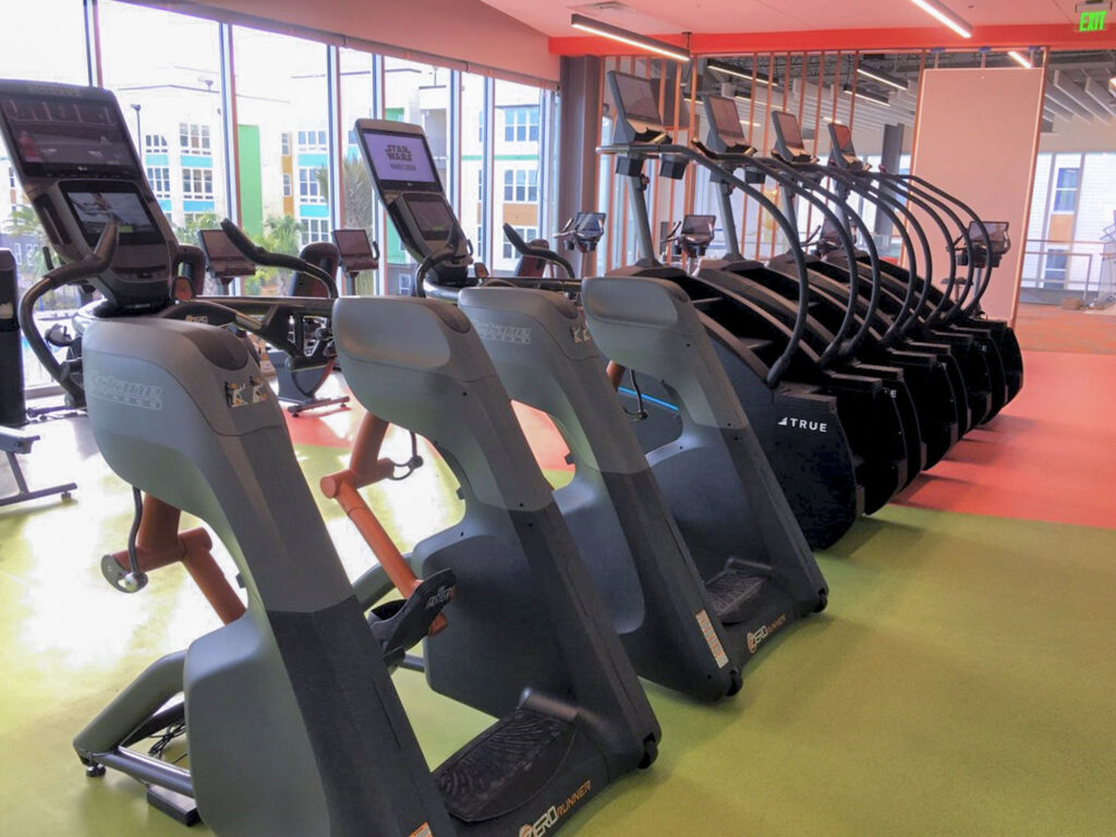 Row of stationary bikes and elliptical machines in a brightly lit gym with large windows, green and orange flooring, and modern exercise equipment.