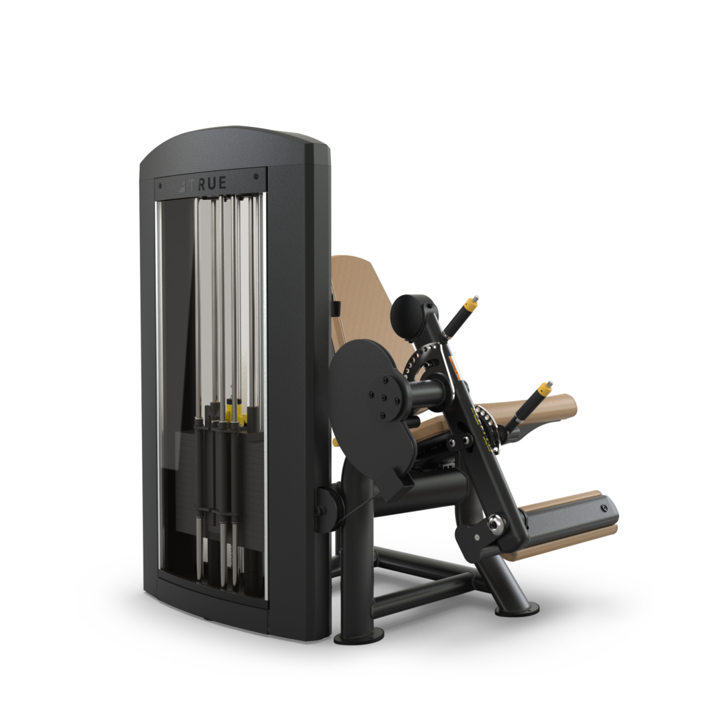 A leg extension gym machine with a padded seat and backrest, adjustable levers, and a weight stack enclosed in a black casing, designed for strength training exercises.