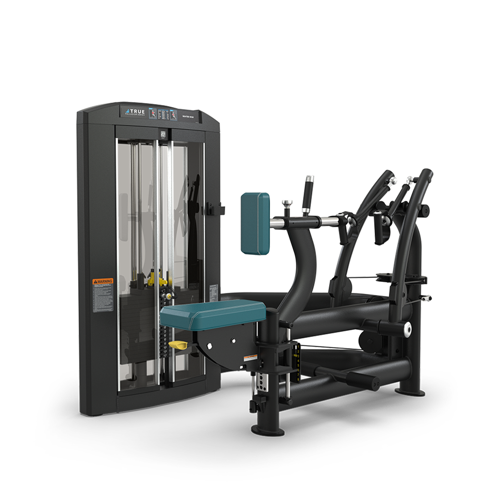A black and teal seated strength training machine with padded seat, backrest, and arm pads, designed for upper body exercises, featuring adjustable weights and handles, set against a plain white background.