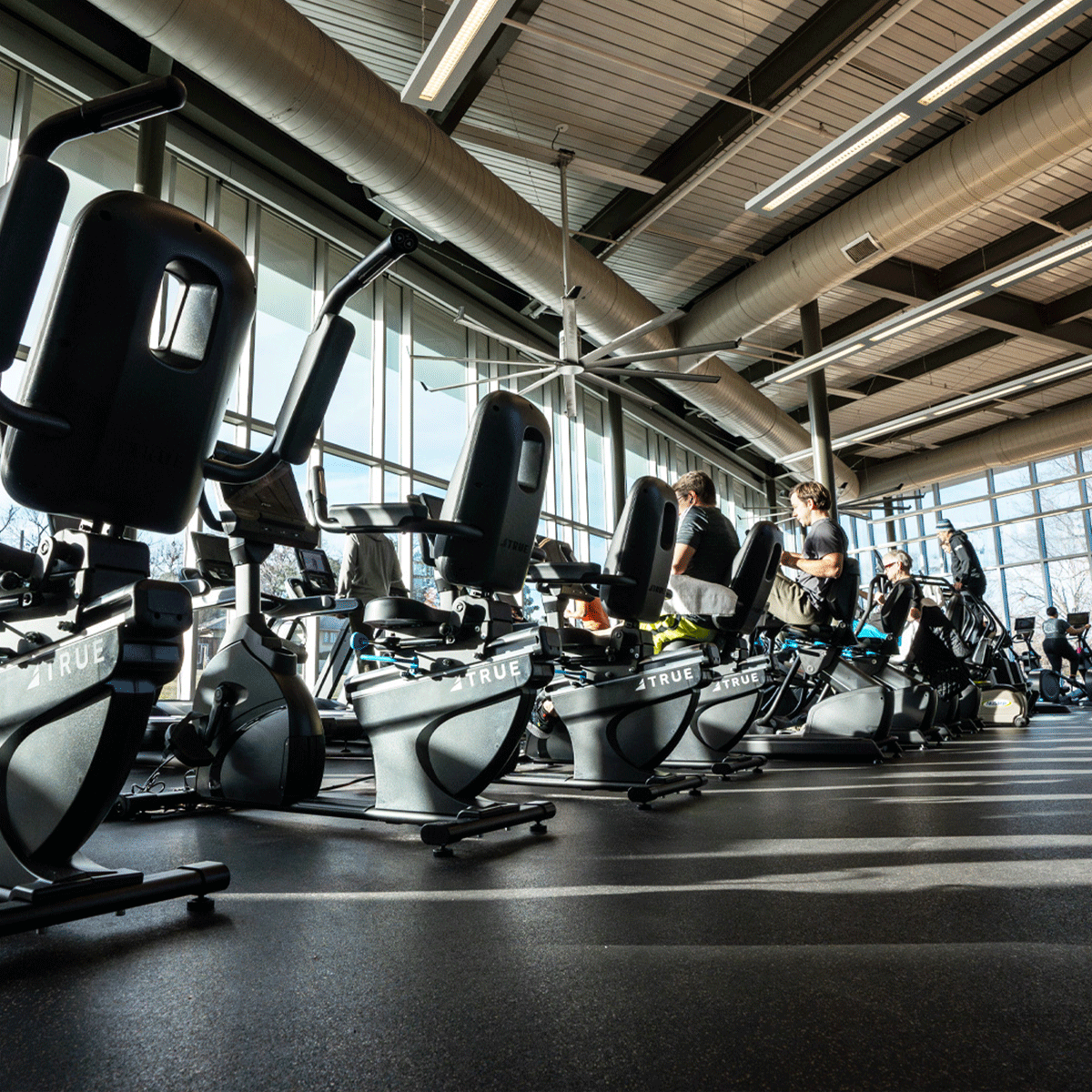 People are working out on stationary exercise bikes in a bright, spacious gym with large windows letting in natural light. Multiple bikes are lined up in rows on a clean, dark floor.
