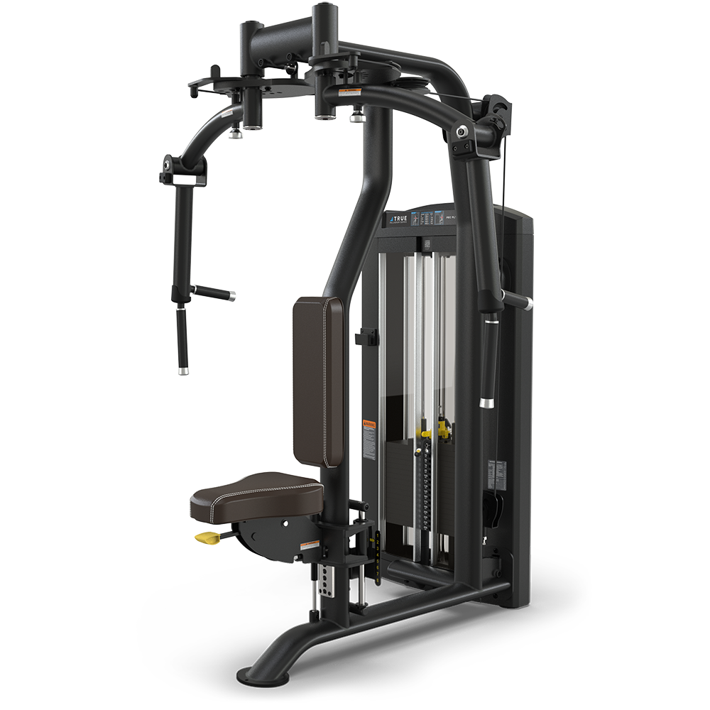 A black and gray gym machine with padded seat and backrest, dual weight stacks, and adjustable arms, designed for chest press and fly exercises, set against a plain white background.