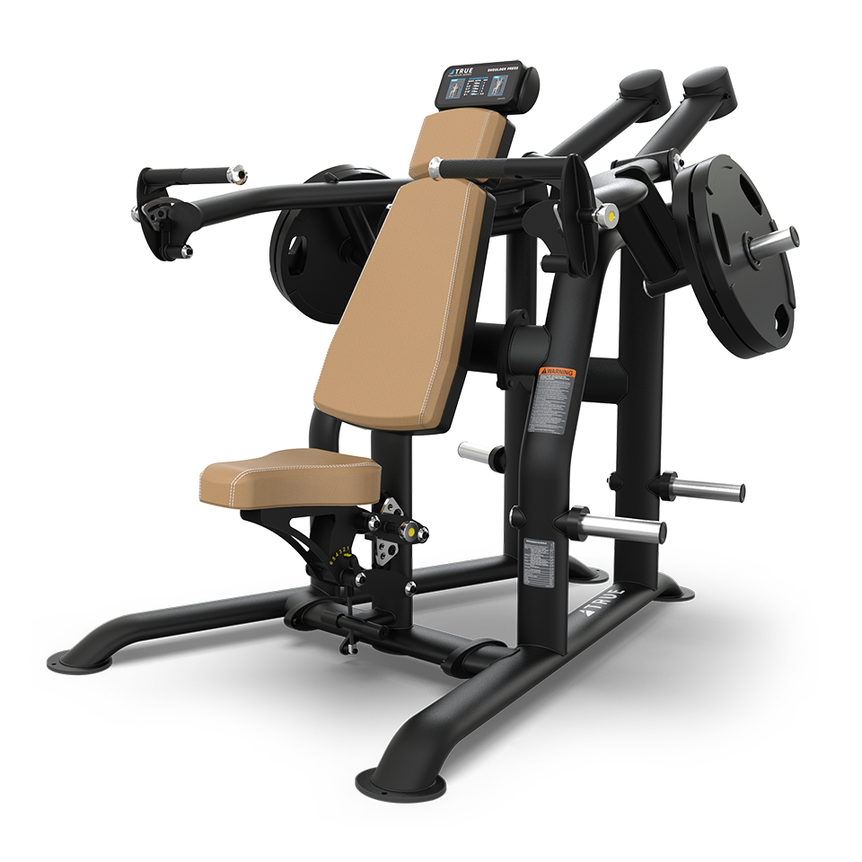 A seated chest press machine with a padded tan seat and backrest, black metal frame, and loaded weight plates on each side for resistance training.