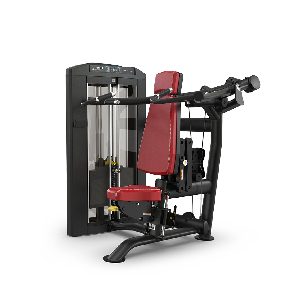 A red and black seated chest press gym machine with adjustable weights and padded seat and backrest, designed for upper body strength training, set against a plain white background.