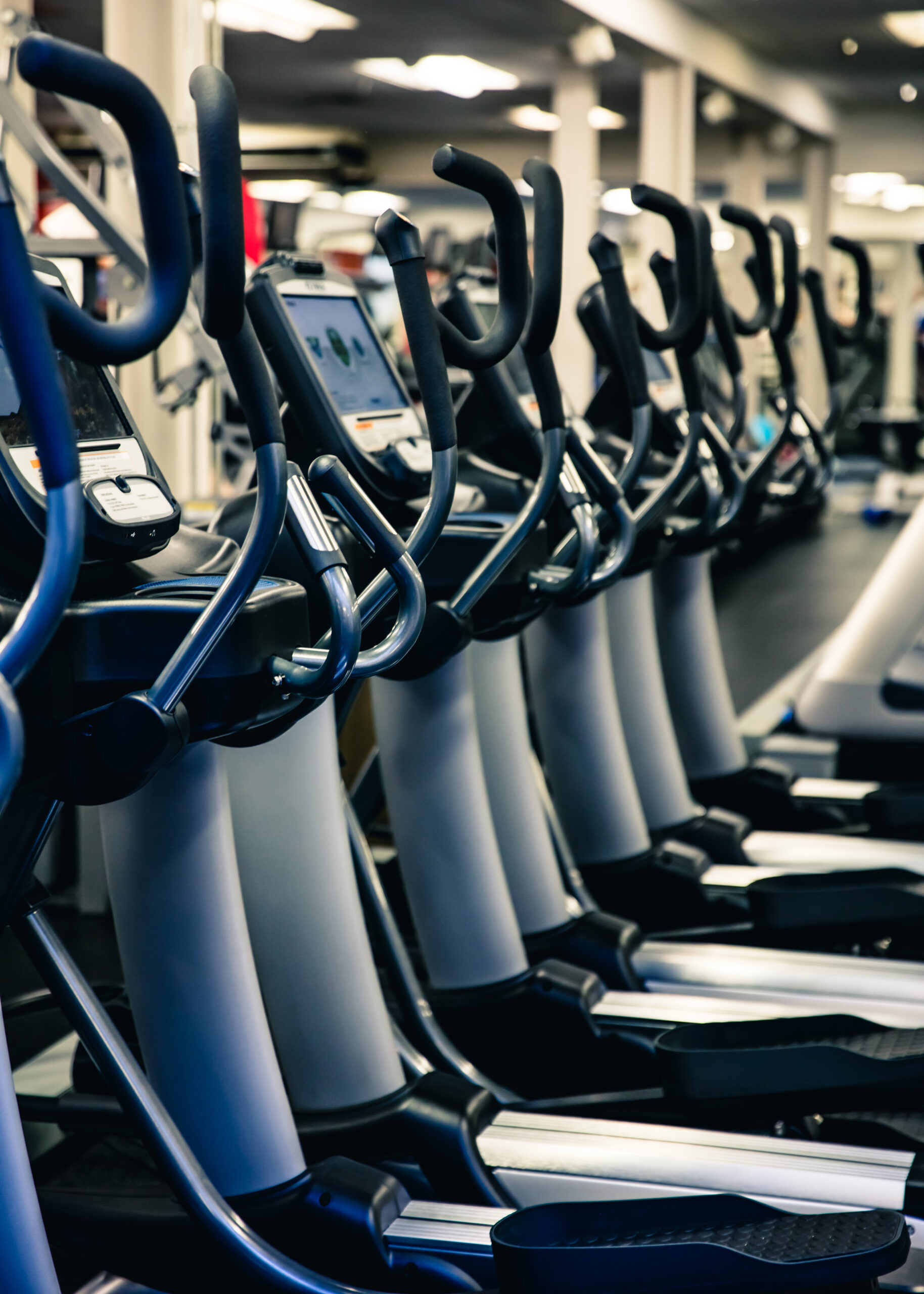 A row of elliptical machines is lined up in a modern gym, with digital displays and handlebars visible. The gym appears clean and well-lit, with mirrors reflecting the equipment.