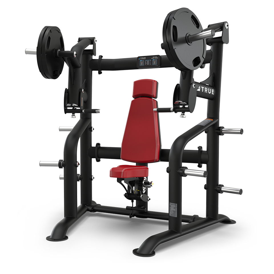 A black and red seated chest press machine with weights loaded on the arms, designed for strength training, against a plain white background.