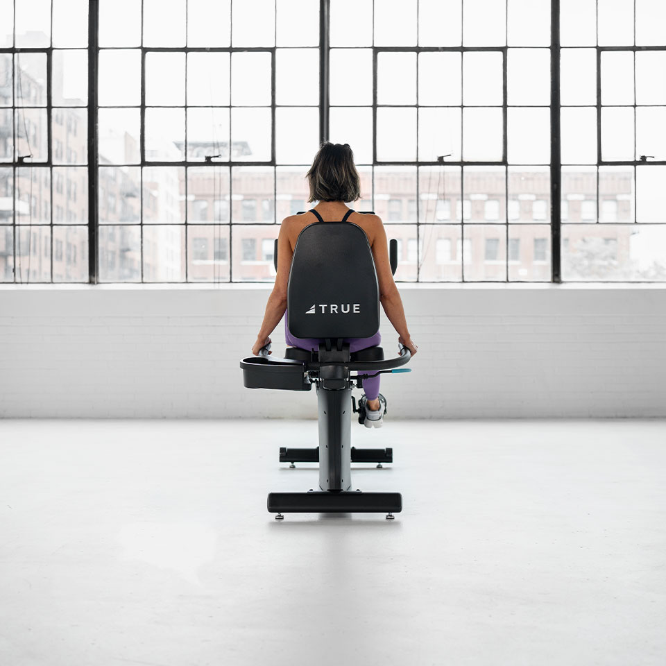 A woman sits on a recumbent exercise bike facing a large window in a bright, spacious room. The back of her seat reads TRUE. She wears workout clothes and the cityscape is visible through the window.