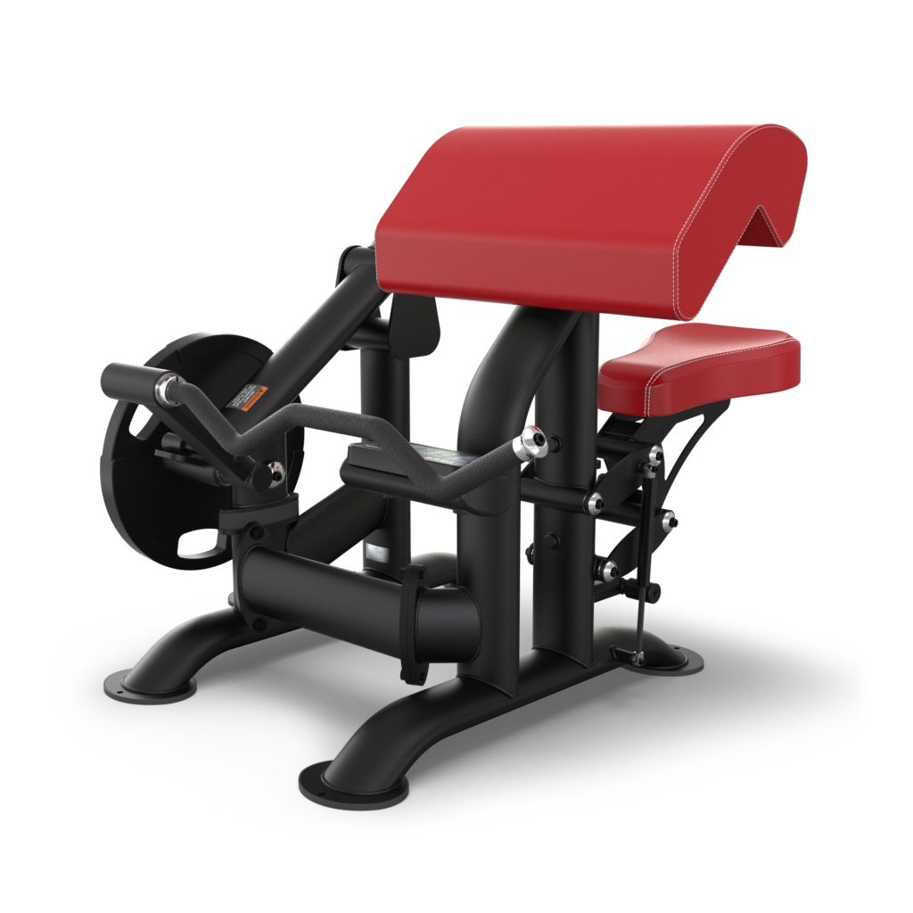 Red and black seated preacher curl machine with padded arm rest and seat, designed for strength training bicep exercises, isolated on a white background.