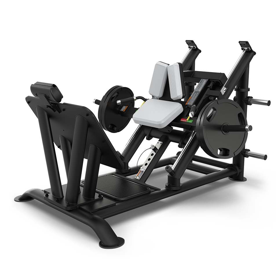A black and silver leg press machine with padded seat and backrest, large footplate, and weight plates loaded on both sides, designed for lower body strength training in a gym setting.