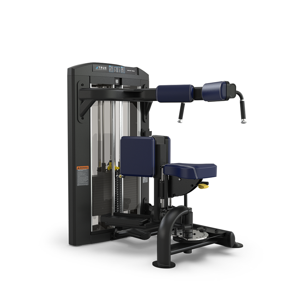 A seated gym machine with padded blue seats and backrests, adjustable arm pads, and a weight stack, designed for targeting the oblique muscles and core during torso rotation exercises.