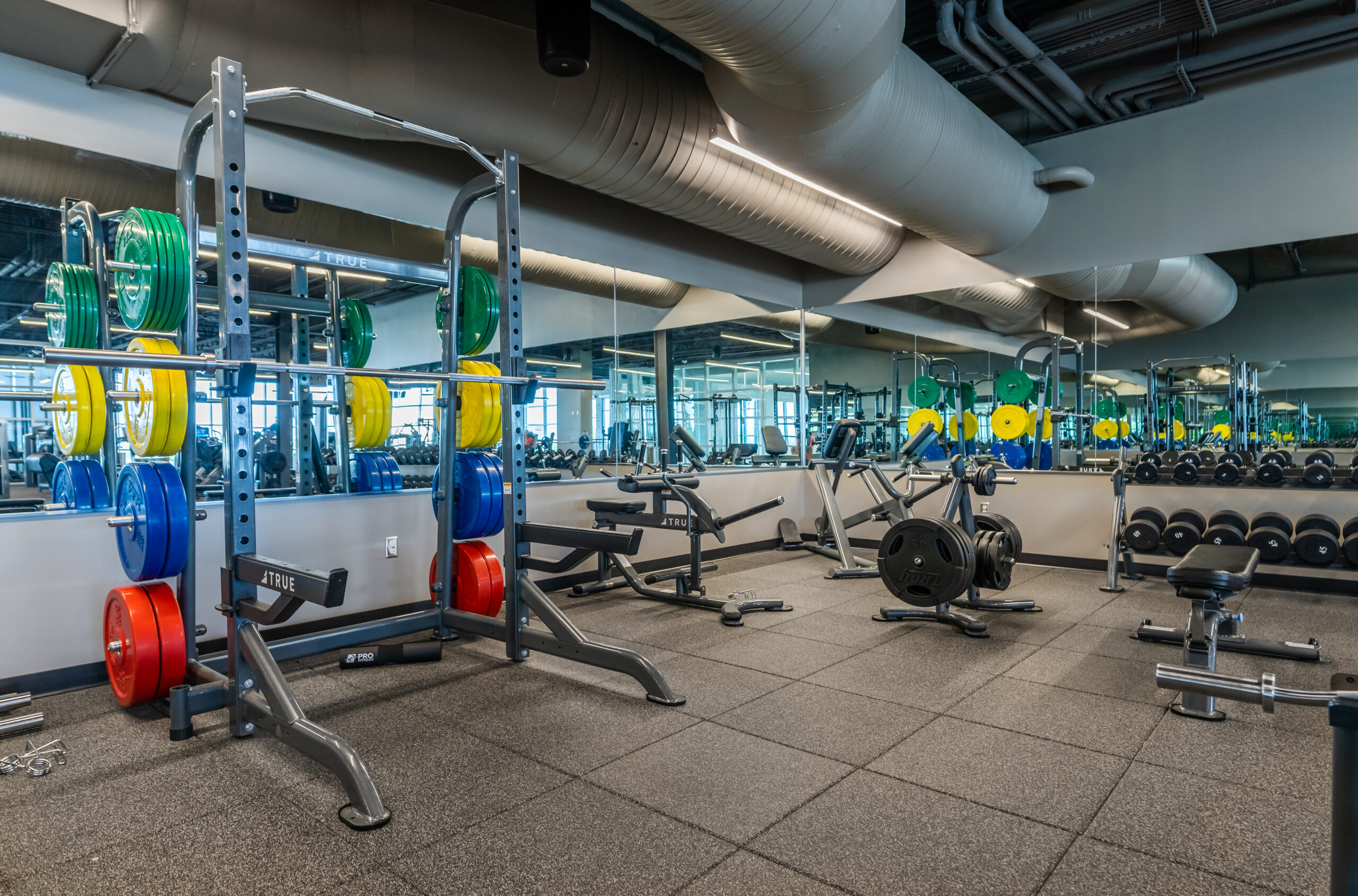 A modern gym with weightlifting equipment, including barbells with colorful weight plates, benches, dumbbells, and mirrored walls reflecting the spacious workout area.