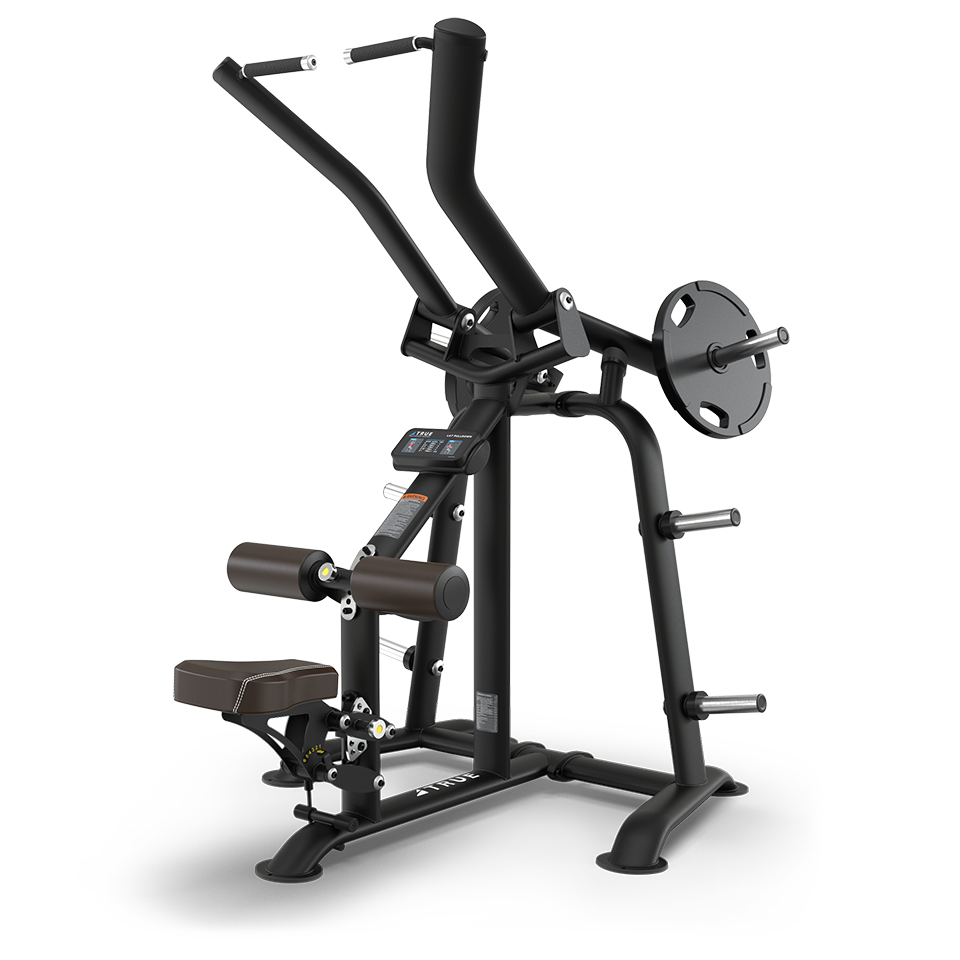 A black seated weight machine with padded seat and backrest, handles above, and weight plate holders on the sides, designed for upper body strength training on a white background.
