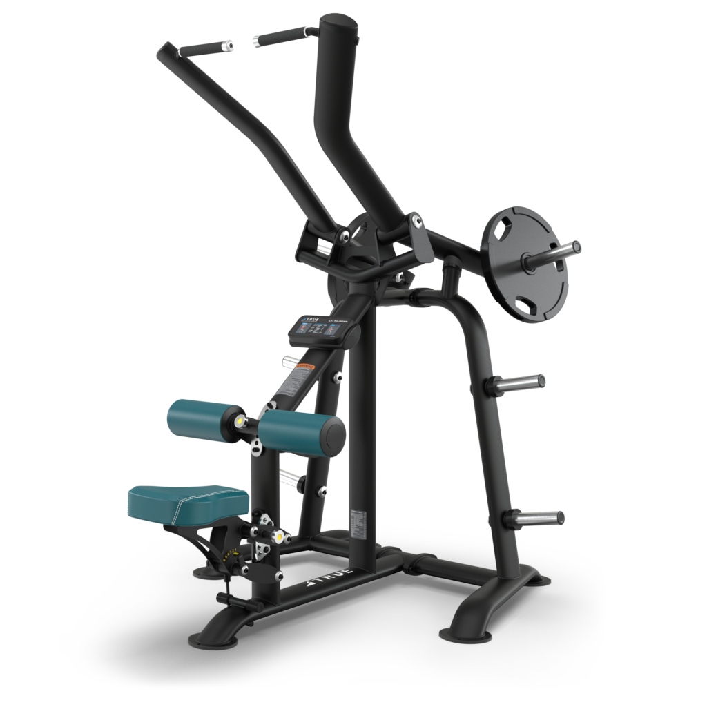 A black and teal seated gym machine with padded seat, backrest, adjustable foot holders, and handles, designed for upper body workouts. Weight plates are mounted on side pegs.