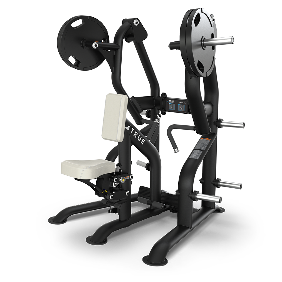 A black plate-loaded strength training machine with a padded white seat, backrest, and multiple handles. It has weight plates mounted on both sides and storage pegs for additional weights.