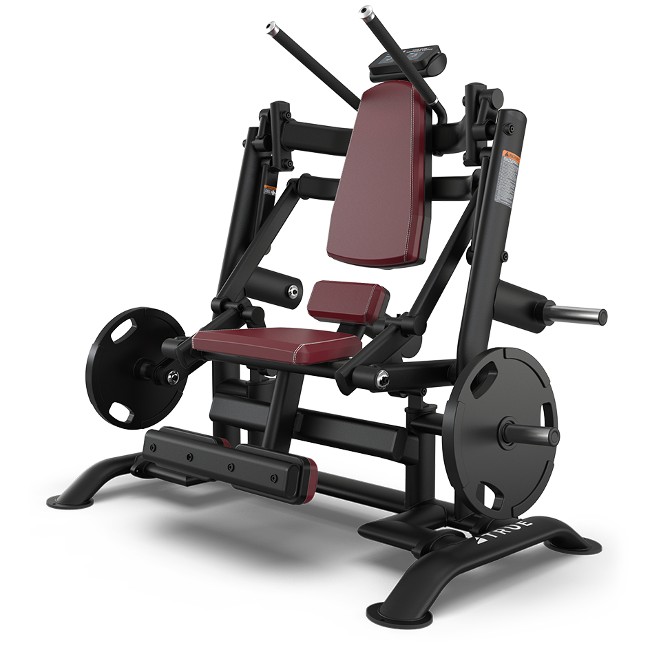 A black and red seated strength training machine with adjustable arms and padded seat, designed for chest press exercises, featuring weight plates on each side and foot supports.