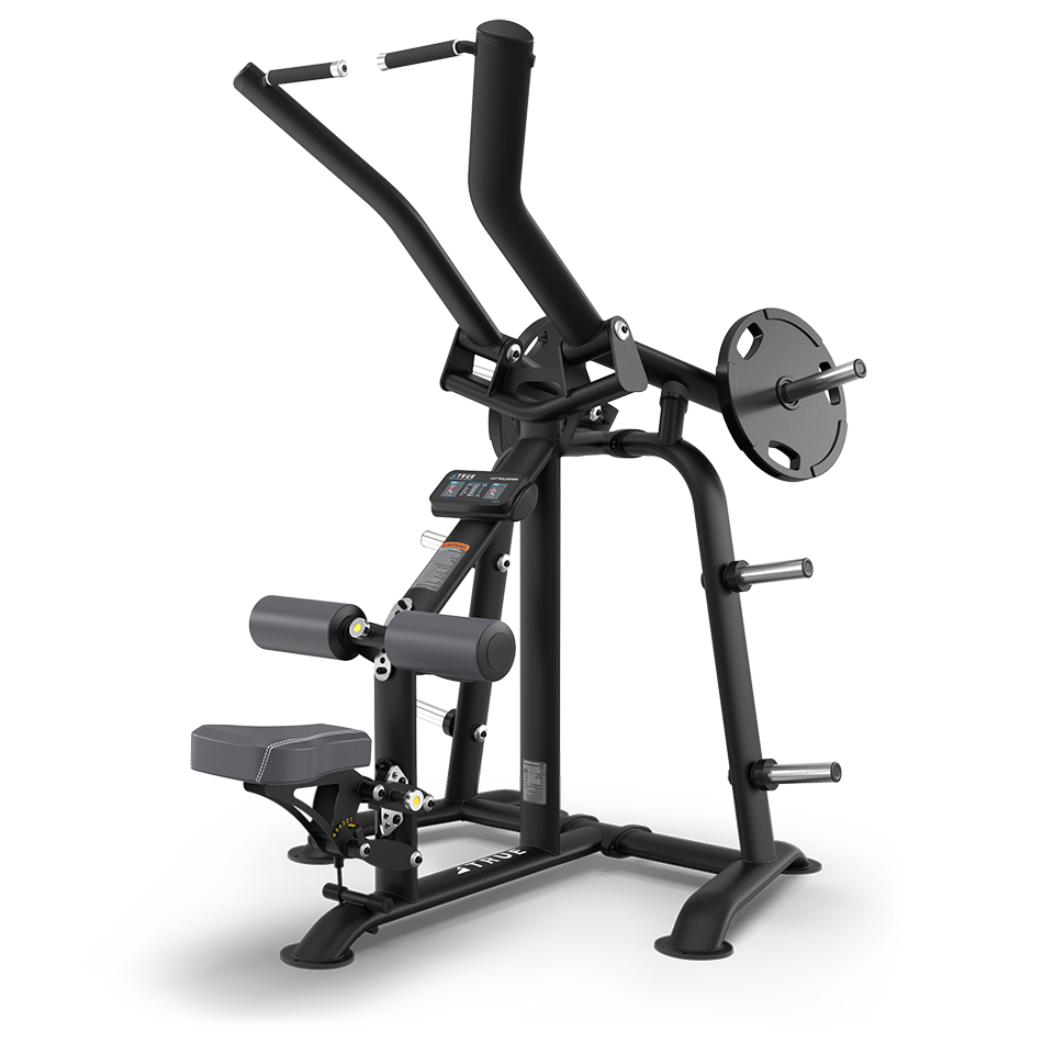 A black, commercial-grade lat pulldown machine with padded seat and thigh supports, angled handles, weight plate holders, and an adjustable lever system, designed for upper body strength training.