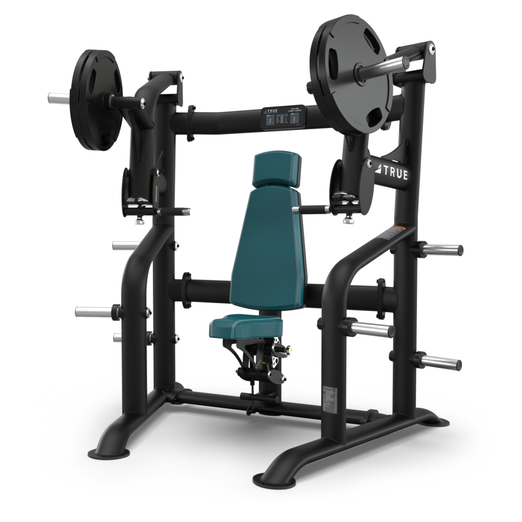 A black and teal seated weight machine with adjustable bench, barbell, and weight plates. Used for upper body exercises, it has multiple handles, padded seat and backrest, and plate holders on each side.