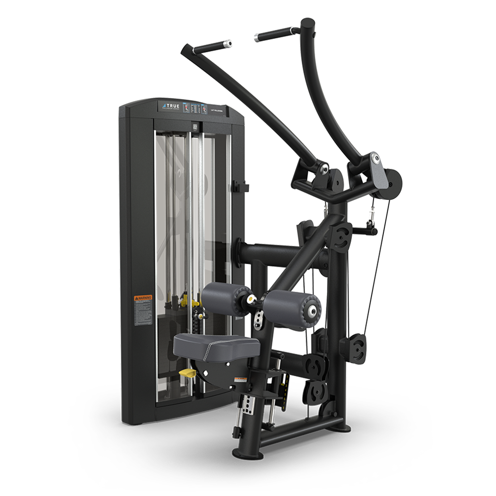 A black and gray gym machine with padded seat and arm supports, adjustable weights, and levers, designed for strength training exercises like lat pulldowns or chest presses.