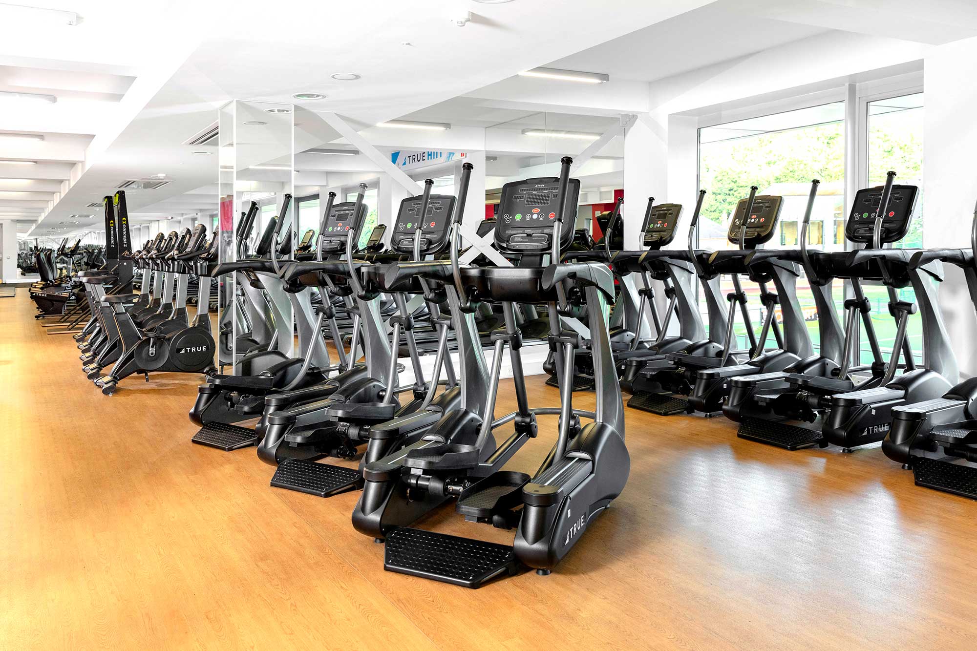 A row of elliptical machines is lined up in a bright, spacious gym with large windows and wooden floors. The room appears clean and well-lit, with exercise equipment neatly organized.