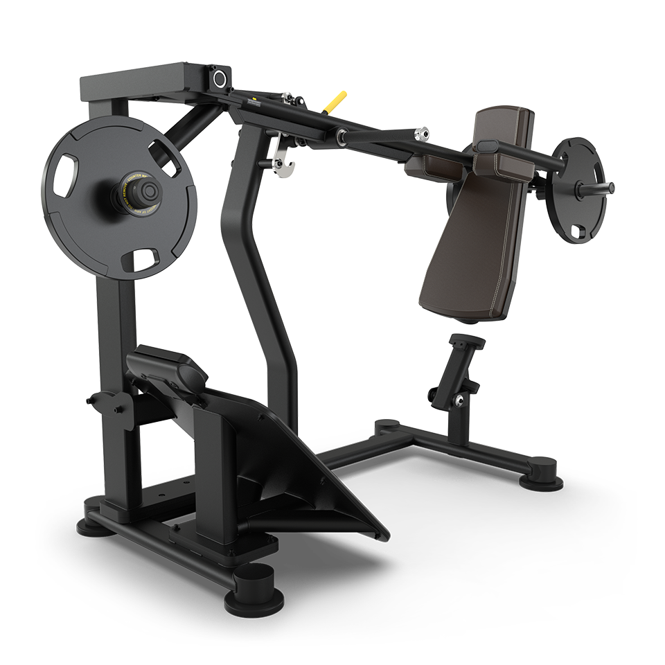A black and silver fitness machine with padded back support, weight plates, and footrests, designed for performing leg press or squat exercises, set against a plain white background.
