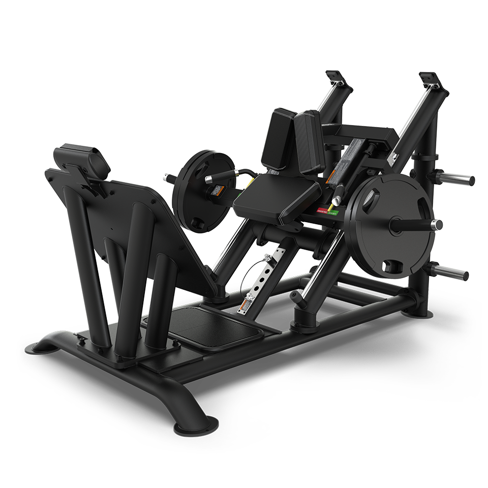 A black leg press machine with a padded seat, backrest, footplate, and attached weight plates, designed for strength training exercises in a gym setting.