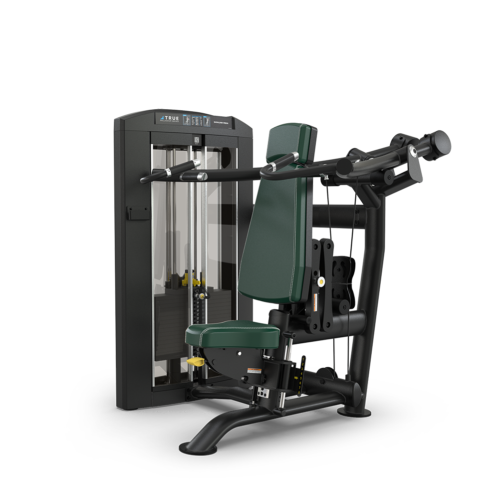 A seated chest press machine with a green cushioned seat and backrest, black frame, weight stack, and handles for arm exercises, designed for strength training in a gym setting.