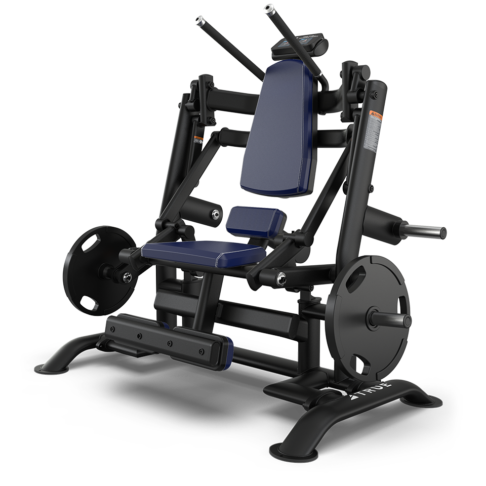 A black and blue leg press weight machine with padded seat and backrest, foot plate, and weight plates on either side, designed for gym workouts.