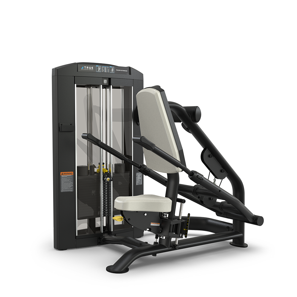 A black and beige seated leg press machine with adjustable weights, featuring a padded seat and backrest, footplate, and handles, set against a plain white background.