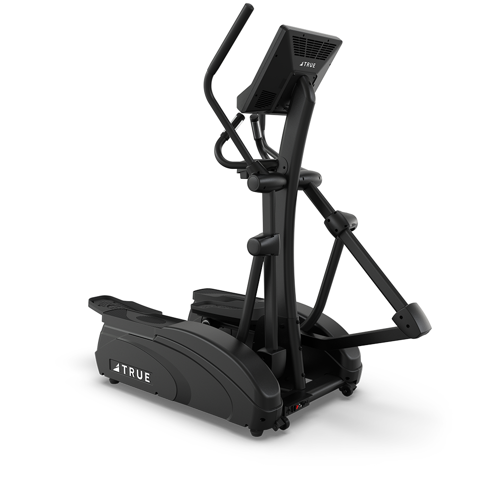 A black elliptical machine with a digital display screen and handlebars, labeled TRUE, shown against a plain white background.