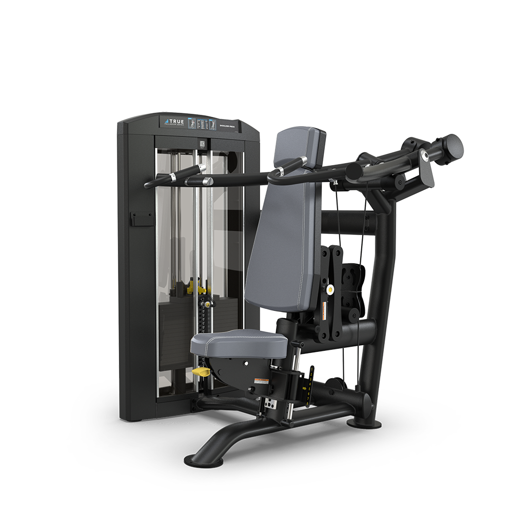 A black and gray gym machine with a padded seat and backrest, designed for chest or shoulder press exercises, featuring adjustable weights enclosed in a vertical stack.