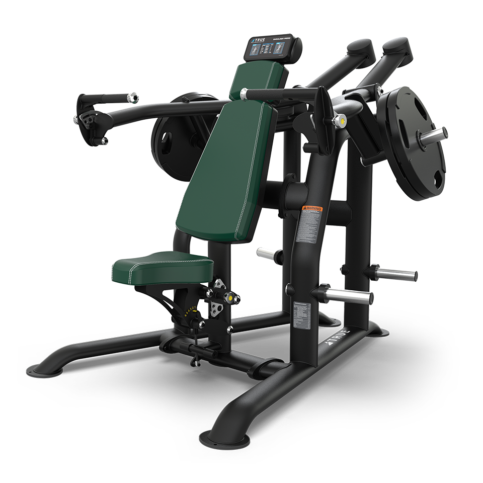 A green and black plate-loaded shoulder press gym machine with padded seat and backrest, adjustable settings, and weight plate holders on each side, designed for strength training.