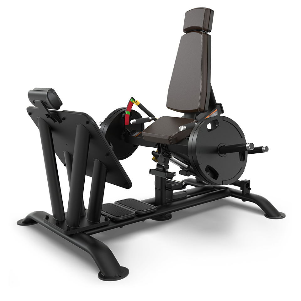 A black and brown seated leg press machine with a cushioned backrest, adjustable seat, footplate, and weight plates on both sides, designed for gym strength training.