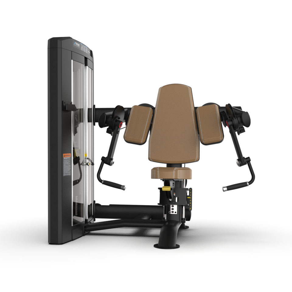 A brown and black seated chest fly machine with padded arms and a weight stack, designed for strength training, shown against a plain white background.