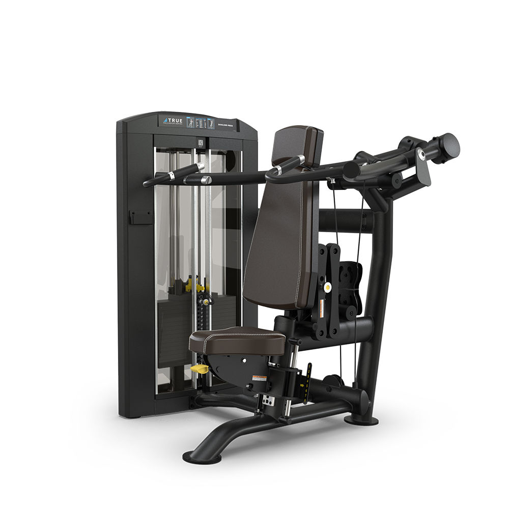 A black and brown seated chest press gym machine with padded seat, backrest, and handles, featuring a weight stack and adjustment levers, designed for upper body workouts.