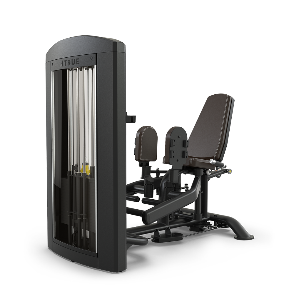 A seated leg press machine with a padded seat and backrest, foot platforms, and a vertical weight stack for resistance training, designed for gym or fitness center use.