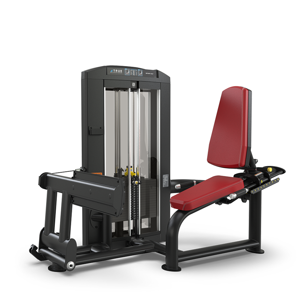 A leg press gym machine with a padded red seat and backrest, black frame, and adjustable weight stack, designed for lower body strength training.