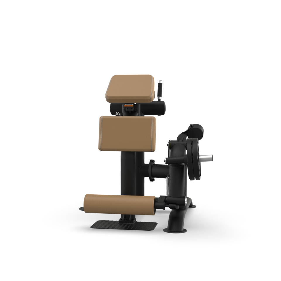 A gym machine with padded brown cushions, black frame, and adjustable levers, designed for performing preacher curls or arm exercises, isolated on a white background.